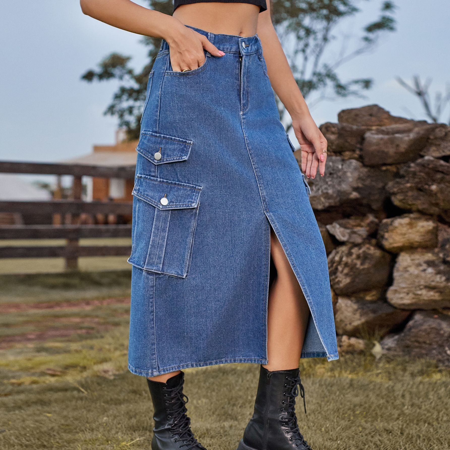 Shine Cargo Midi Skirt - Denim