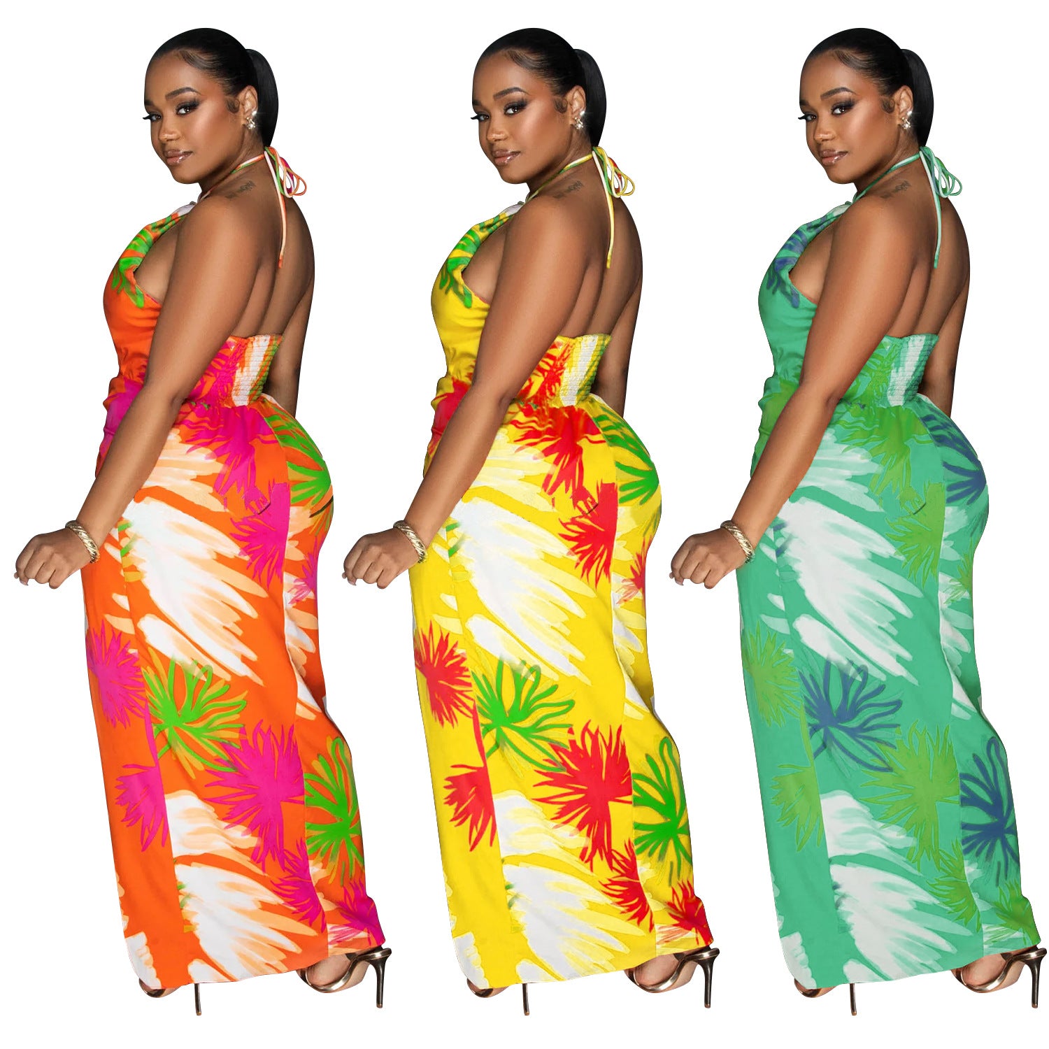 Backless Lace Up Printed Dress - Beachwear, Dresses