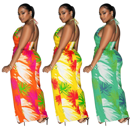 Backless Lace Up Printed Dress - Beachwear, Dresses