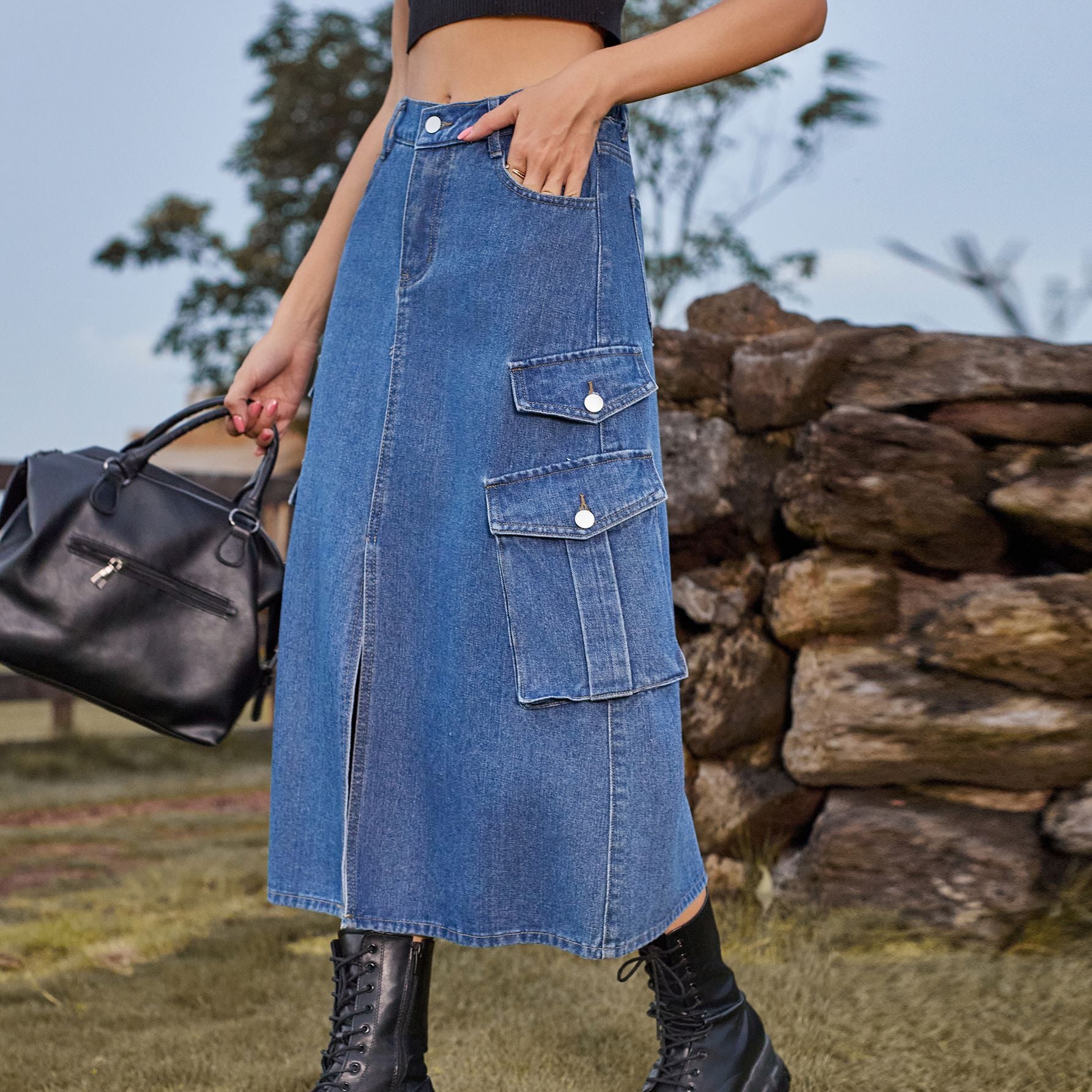 Shine Cargo Midi Skirt - Denim